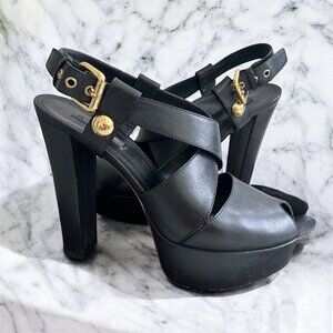 LOUIS VUITTON Wide Strappy Black Leather Platform Heels Size 37